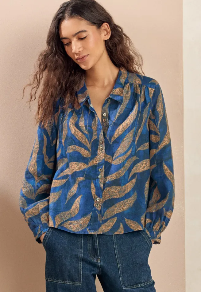 Poetry Fashion Shirts and Tunics Women Printed Blouse Blue Gold