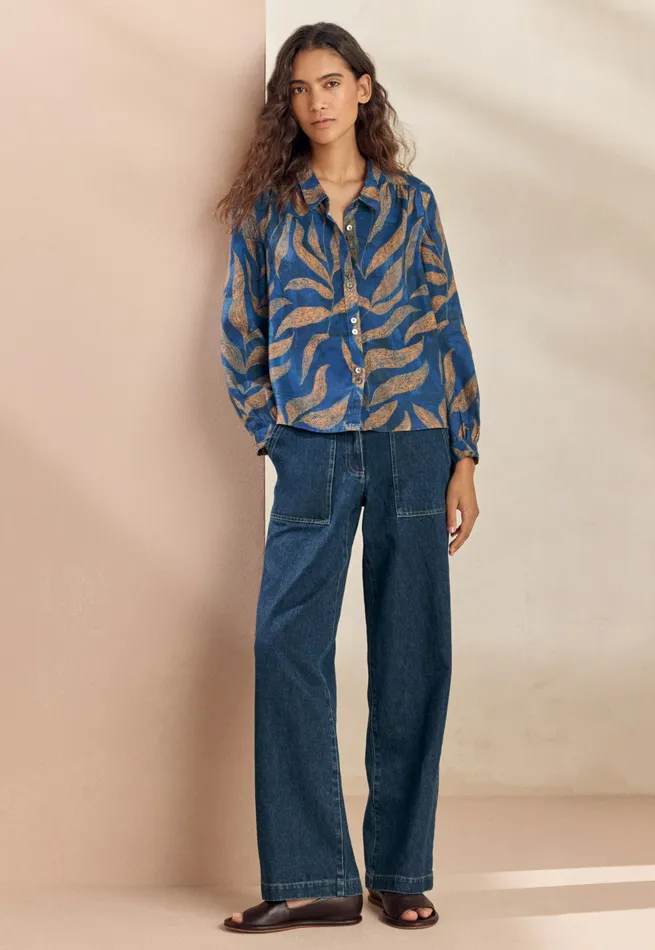 Poetry Fashion Shirts and Tunics Women Printed Blouse Blue Gold
