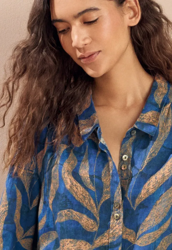 Poetry Fashion Shirts and Tunics Women Printed Blouse Blue Gold
