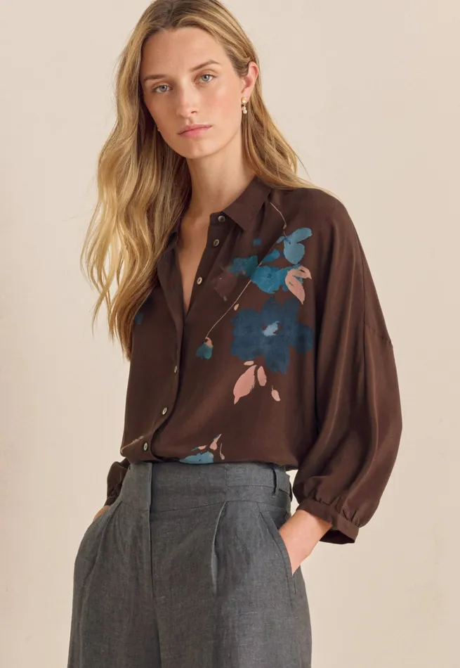 Poetry Fashion Shirts and Tunics Women Printed Dolmansleeve Blouse Mahogany