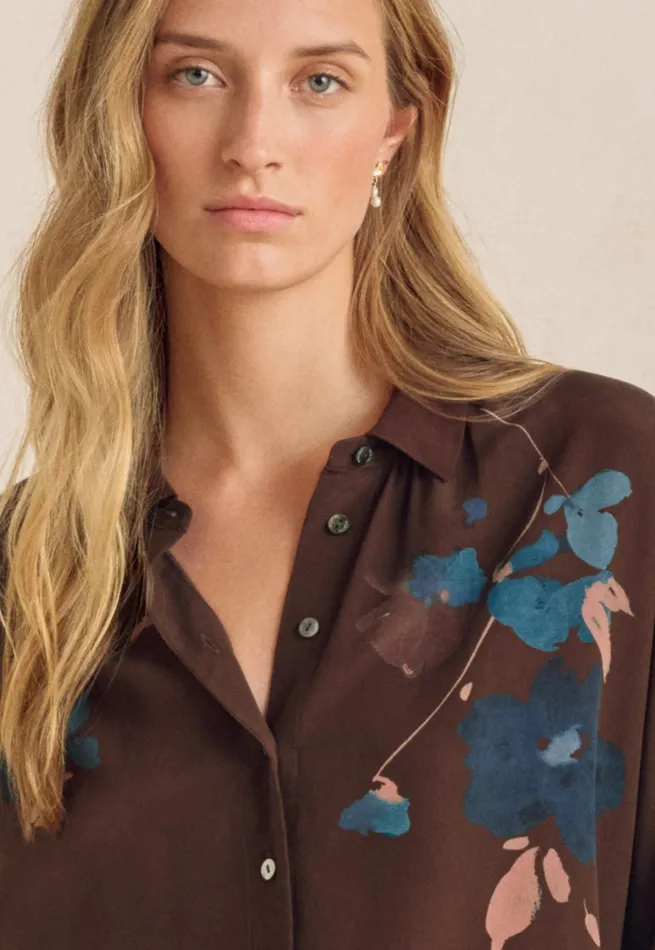 Poetry Fashion Shirts and Tunics Women Printed Dolmansleeve Blouse Mahogany