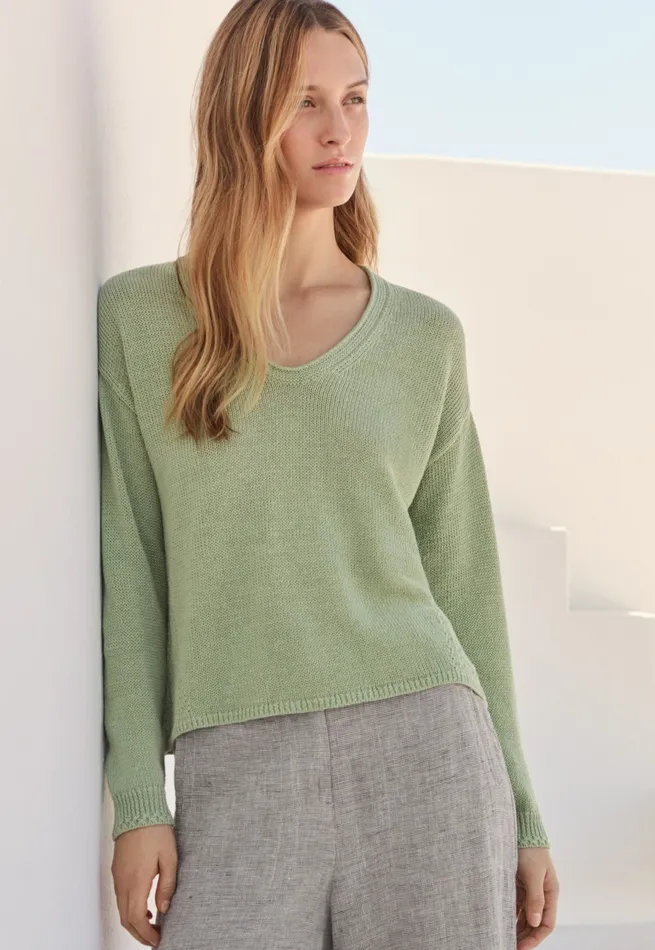 Poetry Fashion Sweaters Women Curved Vneck Sweater Pale Leaf