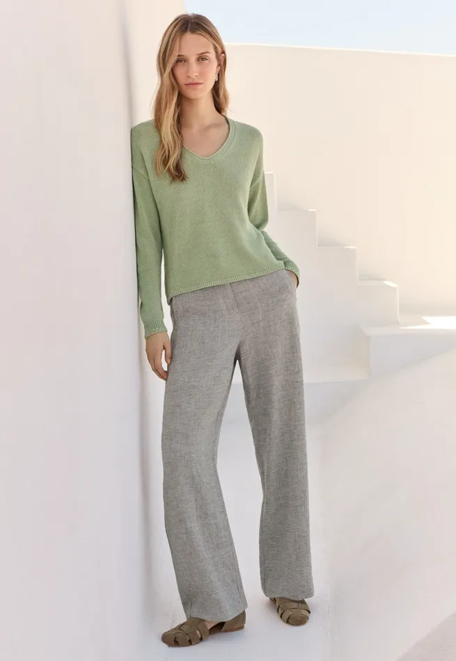 Poetry Fashion Sweaters Women Curved Vneck Sweater Pale Leaf