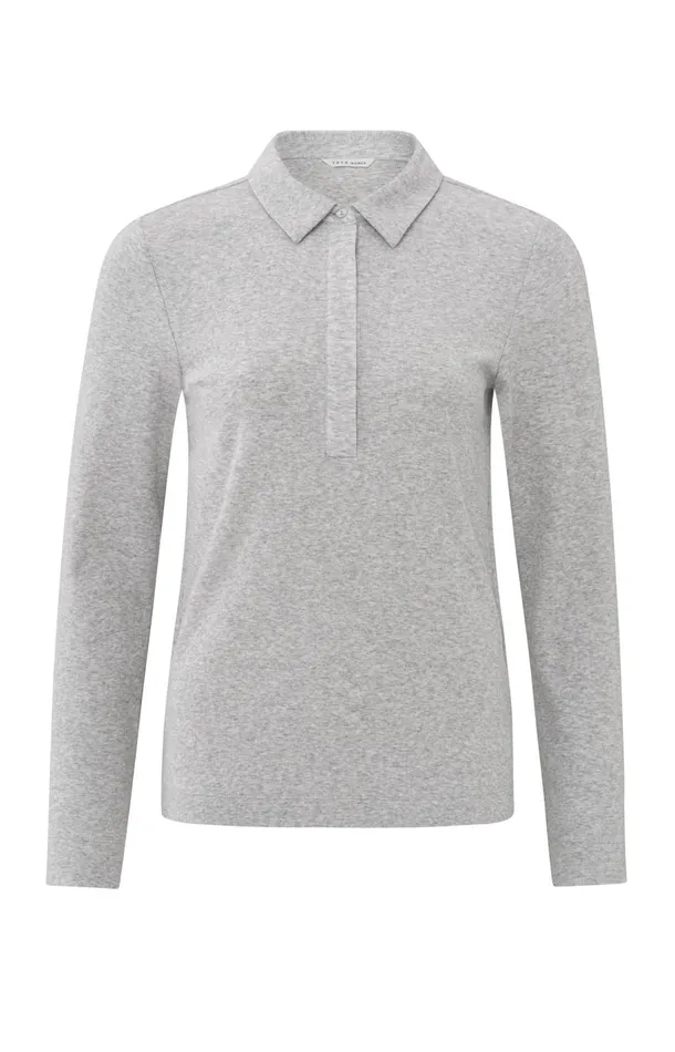 Polo In Fine Ribbed Fabric With Long Sleeves And Collar Medium Grey Melange Women YAYA Tops Polo In Fine Ribbed Fabric With Long Sleeves And Collar Medium Grey Melange Women YAYA Tops