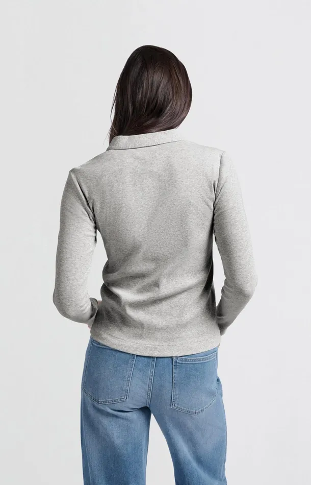 Polo In Fine Ribbed Fabric With Long Sleeves And Collar Medium Grey Melange Women YAYA Tops Polo In Fine Ribbed Fabric With Long Sleeves And Collar Medium Grey Melange Women YAYA Tops