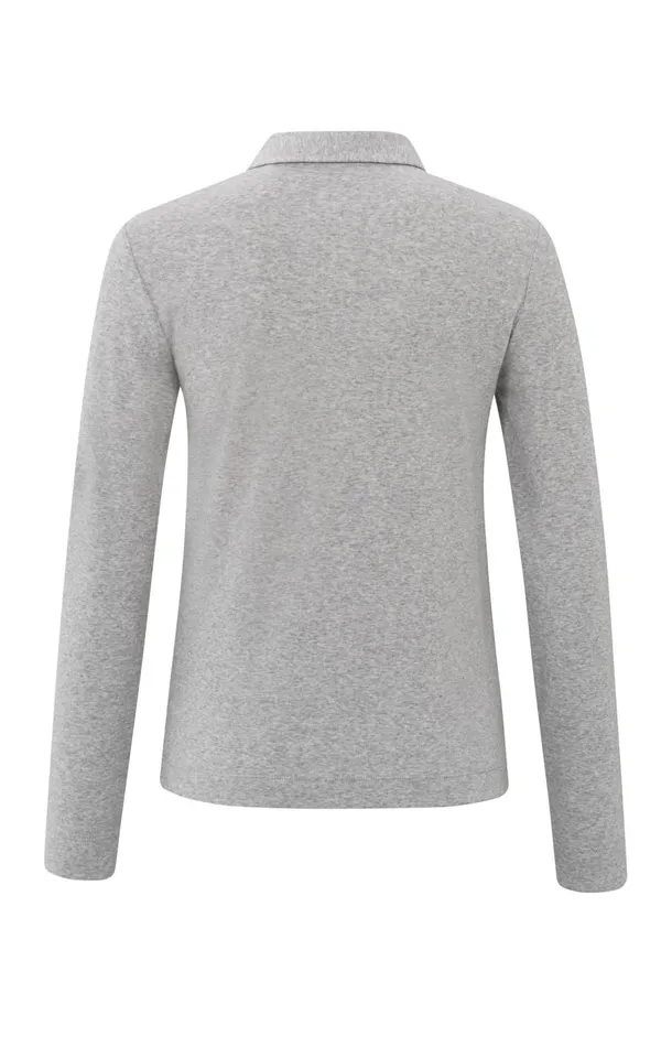 Polo In Fine Ribbed Fabric With Long Sleeves And Collar Medium Grey Melange Women YAYA Tops Polo In Fine Ribbed Fabric With Long Sleeves And Collar Medium Grey Melange Women YAYA Tops