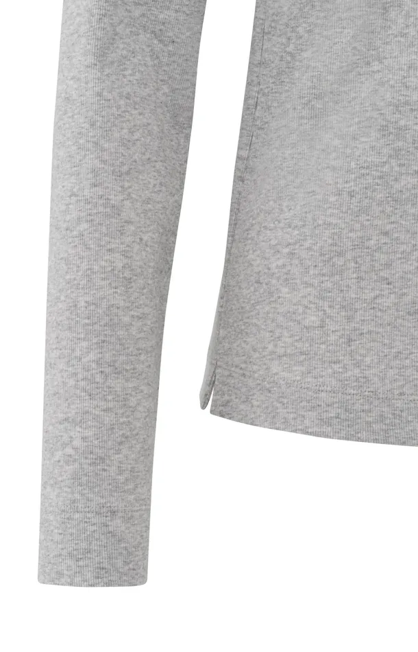 Polo In Fine Ribbed Fabric With Long Sleeves And Collar Medium Grey Melange Women YAYA Tops Polo In Fine Ribbed Fabric With Long Sleeves And Collar Medium Grey Melange Women YAYA Tops