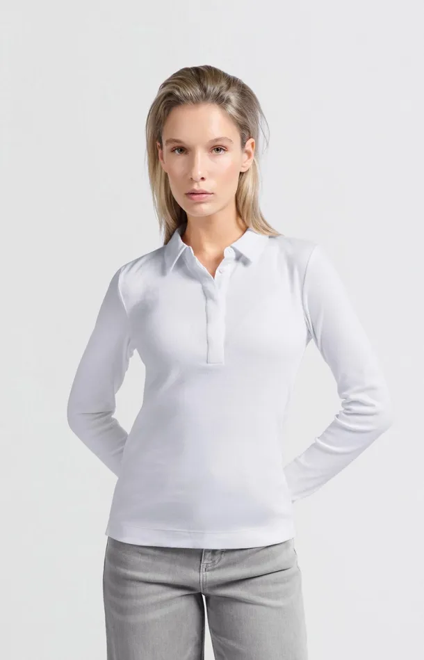 Polo In Fine Ribbed Fabric With Long Sleeves And Collar Pure White Women YAYA Tops Polo In Fine Ribbed Fabric With Long Sleeves And Collar Pure White Women YAYA Tops