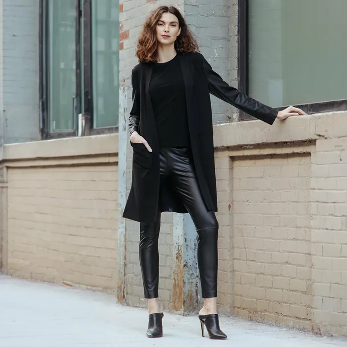 Ponte Knit 8211 Liquid Leather Sleeve Pocket Cardigan Women Clara Sunwoo Jackets Cardigans Ponte Knit 8211 Liquid Leather Sleeve Pocket Cardigan Women Clara Sunwoo Jackets Cardigans