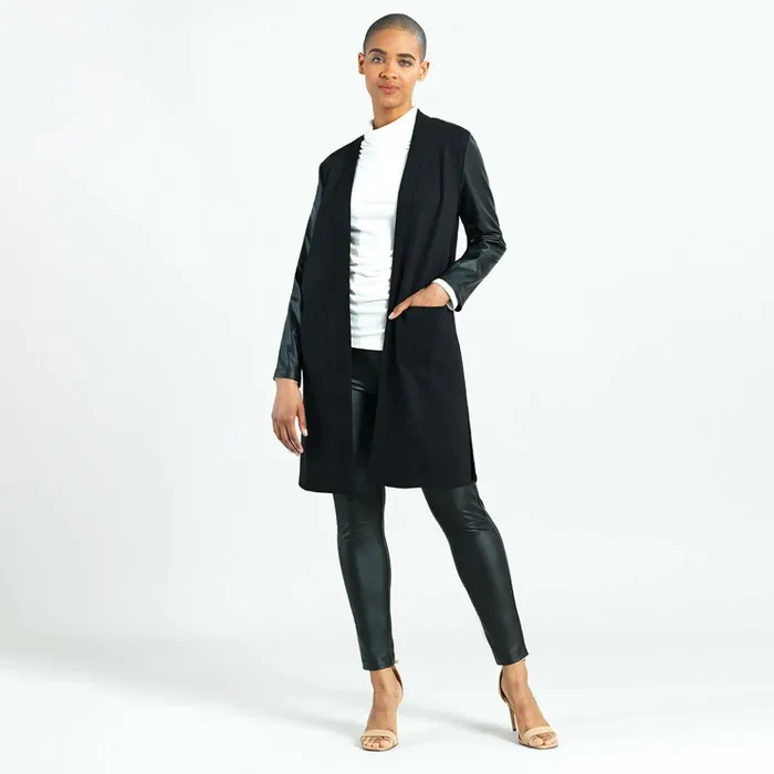 Ponte Knit 8211 Liquid Leather Sleeve Pocket Cardigan Women Clara Sunwoo Jackets Cardigans