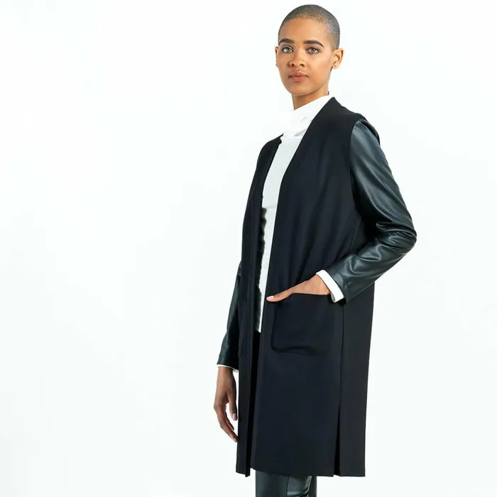 Ponte Knit 8211 Liquid Leather Sleeve Pocket Cardigan Women Clara Sunwoo Jackets Cardigans