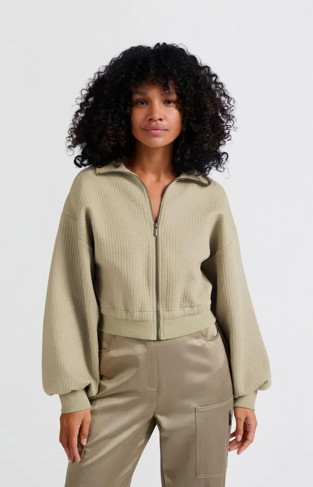 Ribbed Jersey Cardigan With Zipper Closure And Cords Safari Women YAYA Cardigans Ribbed Jersey Cardigan With Zipper Closure And Cords Safari Women YAYA Cardigans