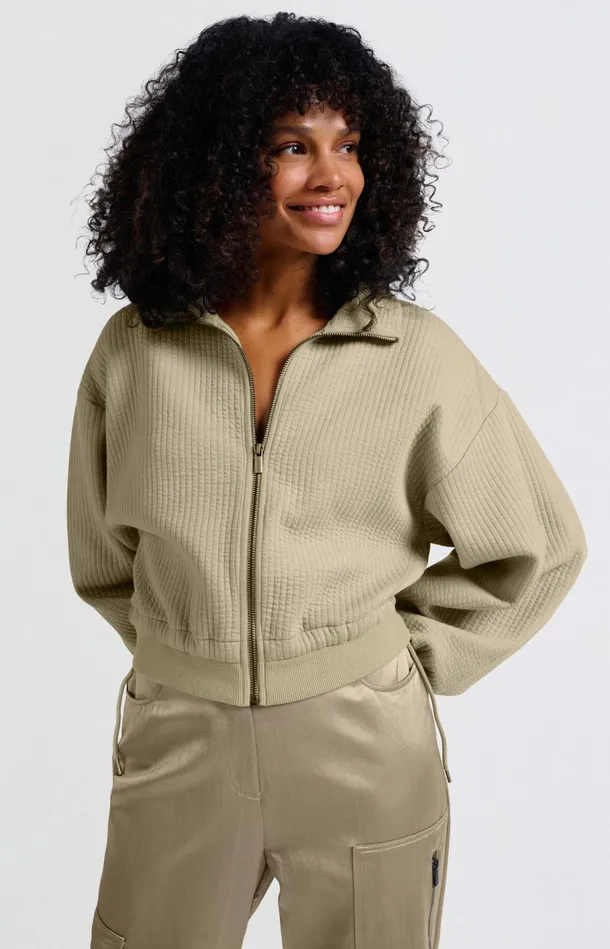 Ribbed Jersey Cardigan With Zipper Closure And Cords Safari Women YAYA Cardigans Ribbed Jersey Cardigan With Zipper Closure And Cords Safari Women YAYA Cardigans