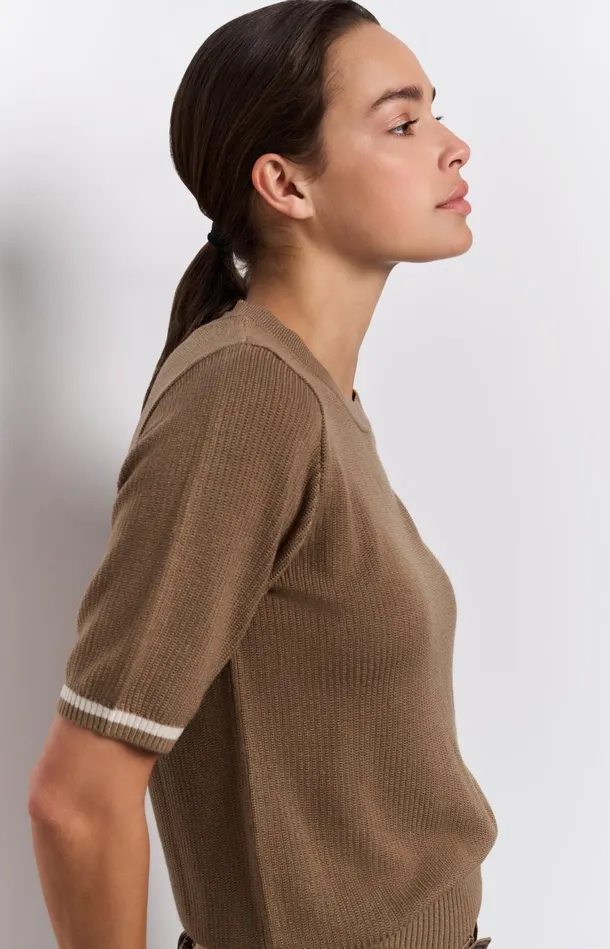 Ribbed Sweater With Round Neck And Short Sleeves Caribou Brown Women YAYA Sweaters Ribbed Sweater With Round Neck And Short Sleeves Caribou Brown Women YAYA Sweaters