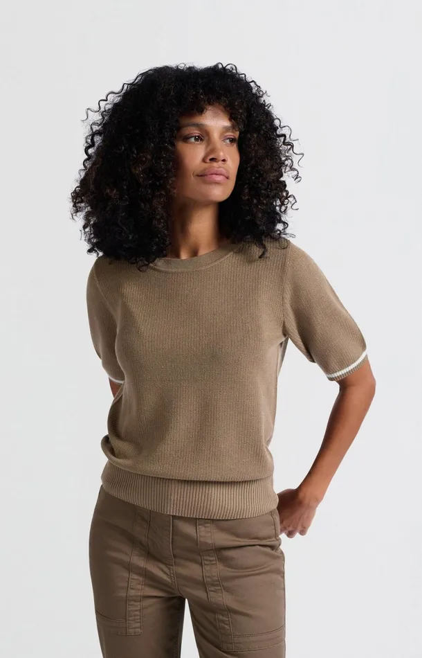 Ribbed Sweater With Round Neck And Short Sleeves Caribou Brown Women YAYA Sweaters Ribbed Sweater With Round Neck And Short Sleeves Caribou Brown Women YAYA Sweaters