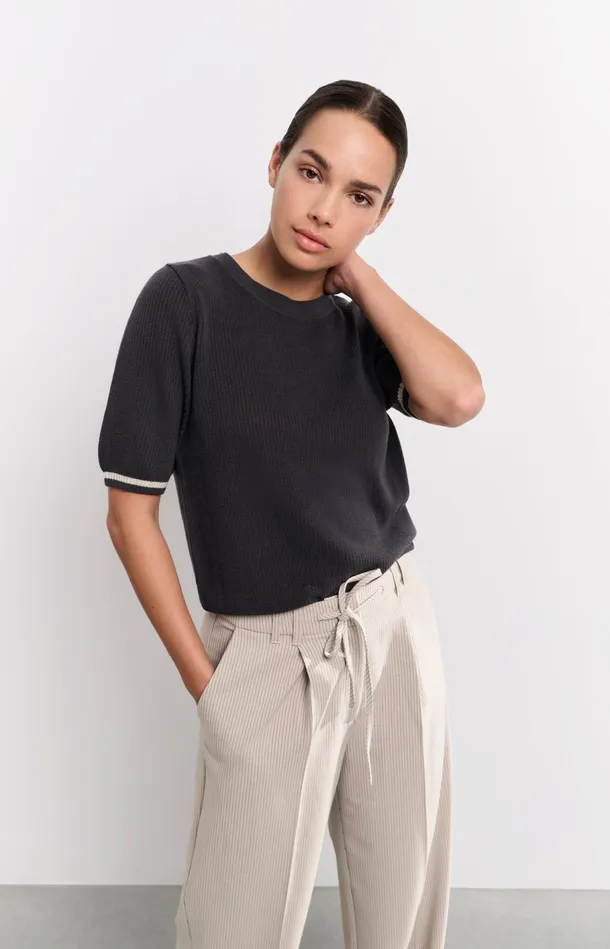 Ribbed Sweater With Round Neck And Short Sleeves Phantom Women YAYA Sweaters