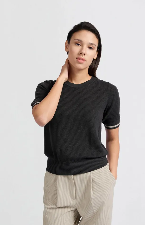 Ribbed Sweater With Round Neck And Short Sleeves Phantom Women YAYA Sweaters Ribbed Sweater With Round Neck And Short Sleeves Phantom Women YAYA Sweaters