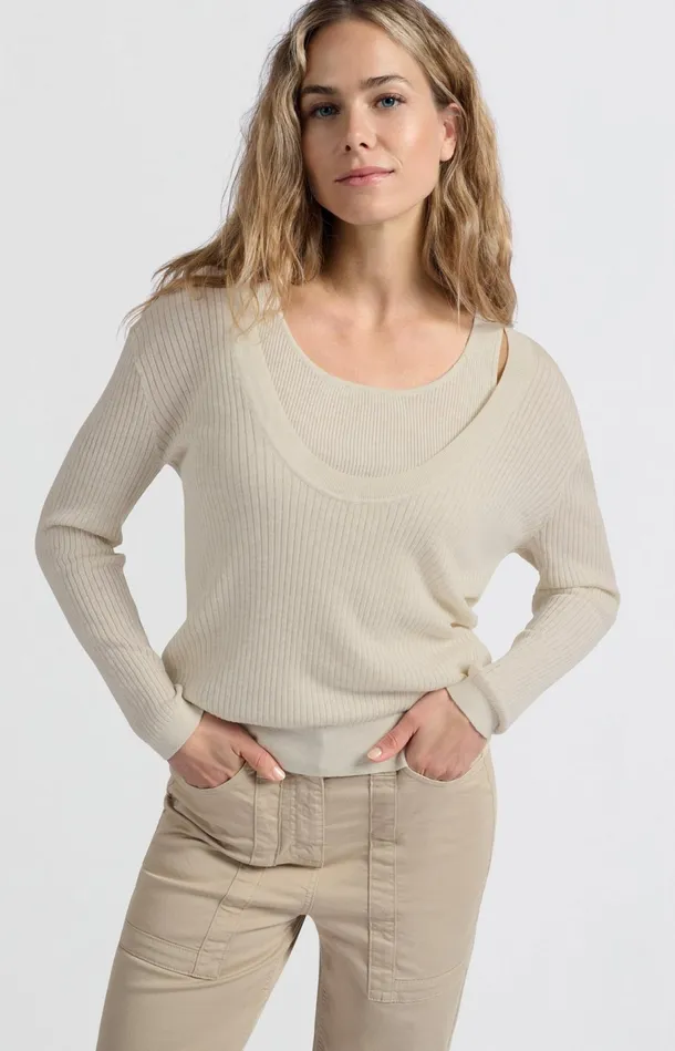 Ribbed Sweater With Tank Top And Loose Fit Nature Melange Women YAYA Sweaters Ribbed Sweater With Tank Top And Loose Fit Nature Melange Women YAYA Sweaters
