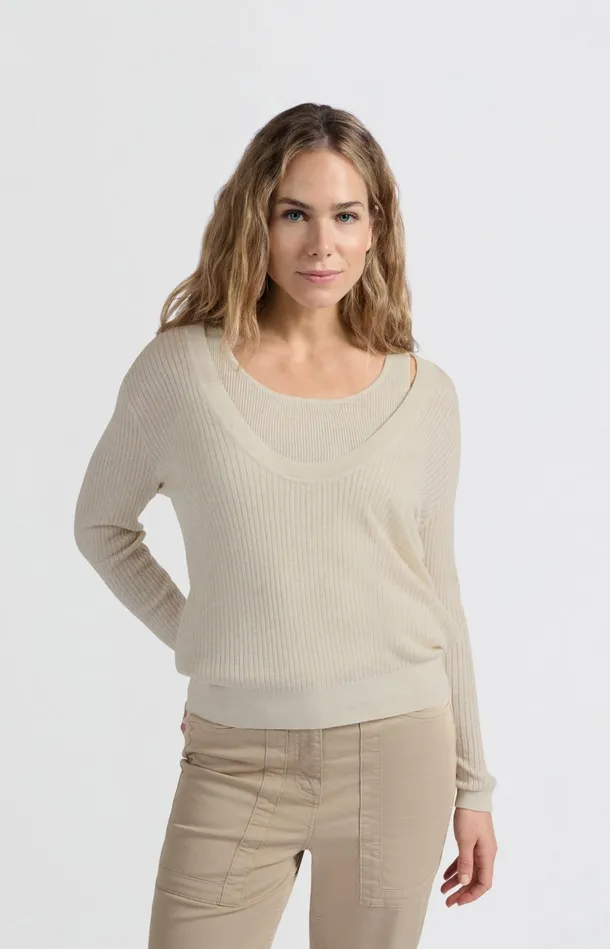 Ribbed Sweater With Tank Top And Loose Fit Nature Melange Women YAYA Sweaters Ribbed Sweater With Tank Top And Loose Fit Nature Melange Women YAYA Sweaters