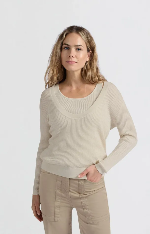 Ribbed Sweater With Tank Top And Loose Fit Nature Melange Women YAYA Sweaters Ribbed Sweater With Tank Top And Loose Fit Nature Melange Women YAYA Sweaters