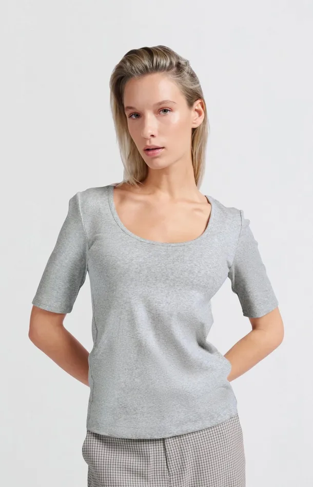 Ribbed Tshirt With Round Neck And Halflength Sleeves Medium Grey Melange Women YAYA Tshirts Ribbed Tshirt With Round Neck And Halflength Sleeves Medium Grey Melange Women YAYA Tshirts
