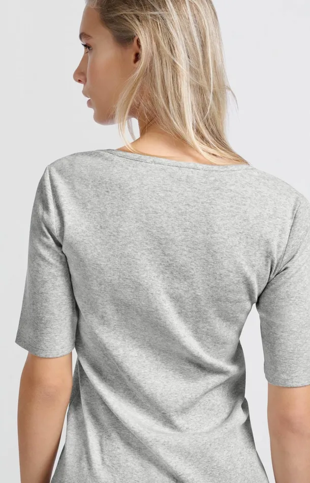 Ribbed Tshirt With Round Neck And Halflength Sleeves Medium Grey Melange Women YAYA Tshirts Ribbed Tshirt With Round Neck And Halflength Sleeves Medium Grey Melange Women YAYA Tshirts