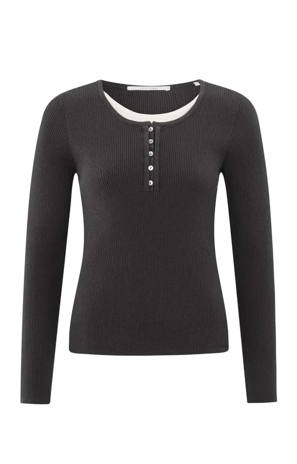 Ribbed Top With Button Placket And Fauxlayered Look Phantom Dessin Women YAYA Tops Ribbed Top With Button Placket And Fauxlayered Look Phantom Dessin Women YAYA Tops