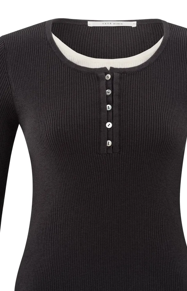 Ribbed Top With Button Placket And Fauxlayered Look Phantom Dessin Women YAYA Tops Ribbed Top With Button Placket And Fauxlayered Look Phantom Dessin Women YAYA Tops