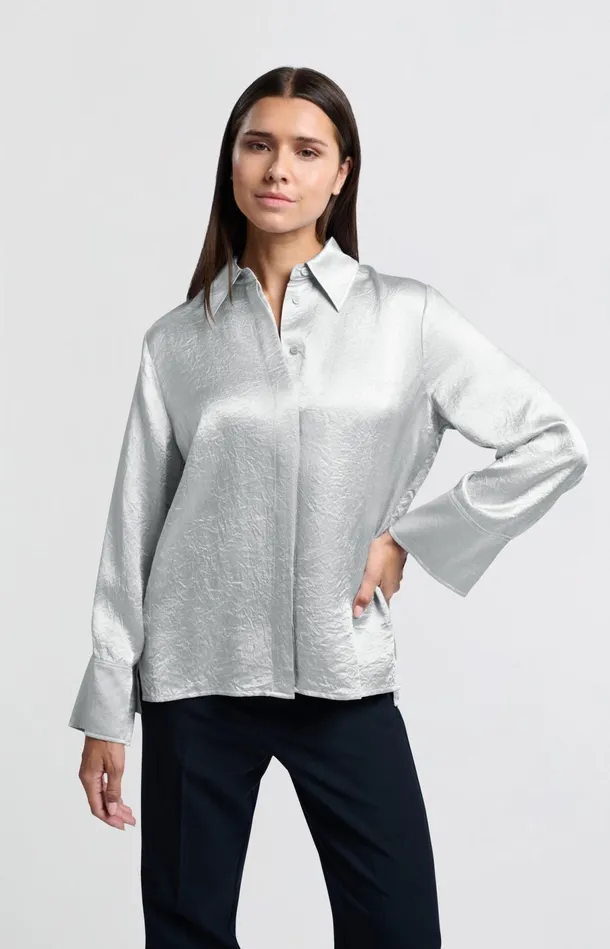 Satin Blouse With Long Sleeves And Loose Fit Light Metal Grey Women YAYA Blouses Satin Blouse With Long Sleeves And Loose Fit Light Metal Grey Women YAYA Blouses