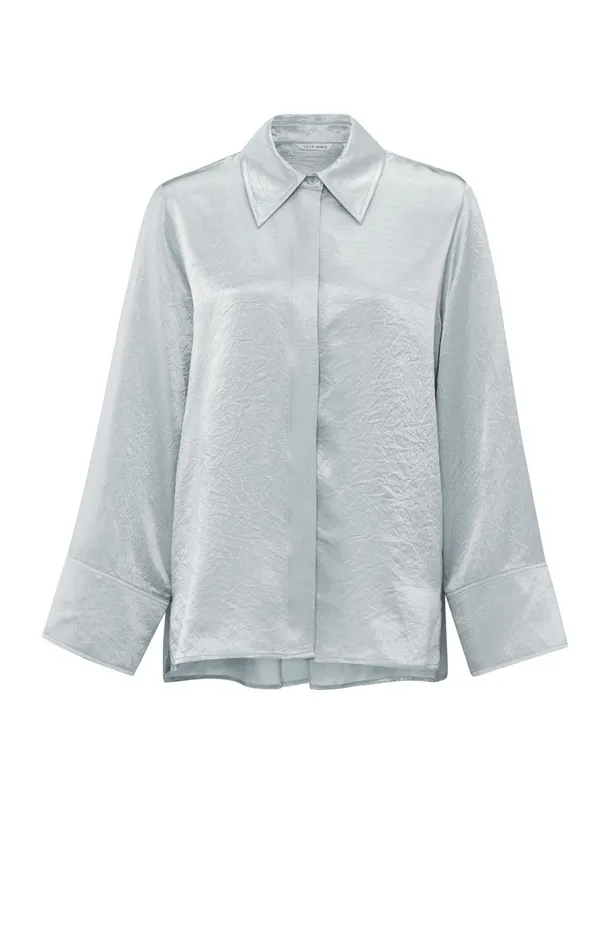 Satin Blouse With Long Sleeves And Loose Fit Light Metal Grey Women YAYA Blouses Satin Blouse With Long Sleeves And Loose Fit Light Metal Grey Women YAYA Blouses
