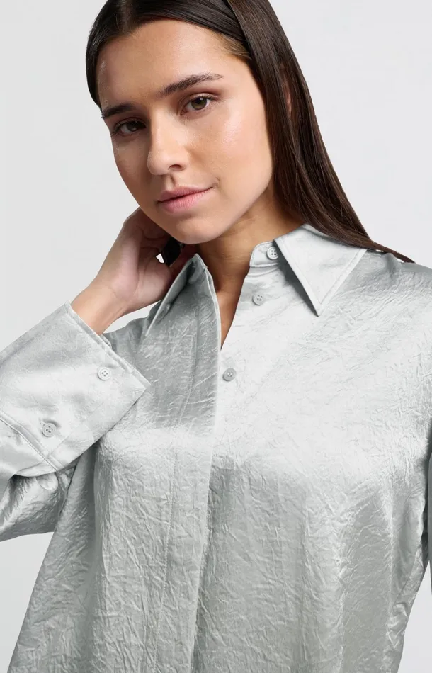Satin Blouse With Long Sleeves And Loose Fit Light Metal Grey Women YAYA Blouses Satin Blouse With Long Sleeves And Loose Fit Light Metal Grey Women YAYA Blouses