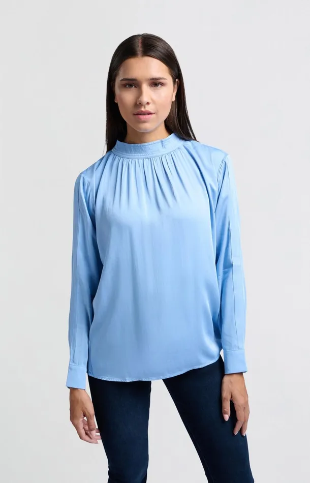 Satin Blouse With Long Sleeves Pleat Detail And High Neck Bel Air Blue Women YAYA Blouses Satin Blouse With Long Sleeves Pleat Detail And High Neck Bel Air Blue Women YAYA Blouses