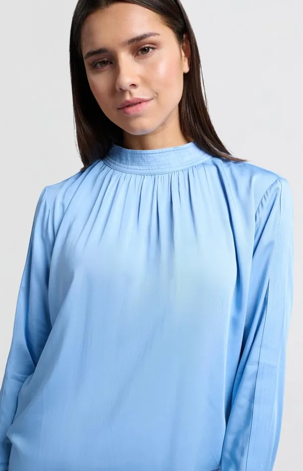 Satin Blouse With Long Sleeves Pleat Detail And High Neck Bel Air Blue Women YAYA Blouses Satin Blouse With Long Sleeves Pleat Detail And High Neck Bel Air Blue Women YAYA Blouses