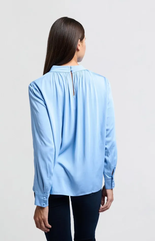 Satin Blouse With Long Sleeves Pleat Detail And High Neck Bel Air Blue Women YAYA Blouses Satin Blouse With Long Sleeves Pleat Detail And High Neck Bel Air Blue Women YAYA Blouses