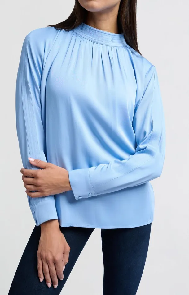 Satin Blouse With Long Sleeves Pleat Detail And High Neck Bel Air Blue Women YAYA Blouses Satin Blouse With Long Sleeves Pleat Detail And High Neck Bel Air Blue Women YAYA Blouses