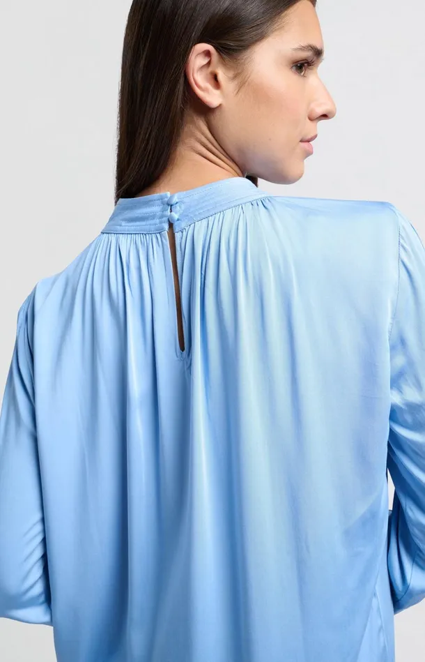 Satin Blouse With Long Sleeves Pleat Detail And High Neck Bel Air Blue Women YAYA Blouses Satin Blouse With Long Sleeves Pleat Detail And High Neck Bel Air Blue Women YAYA Blouses