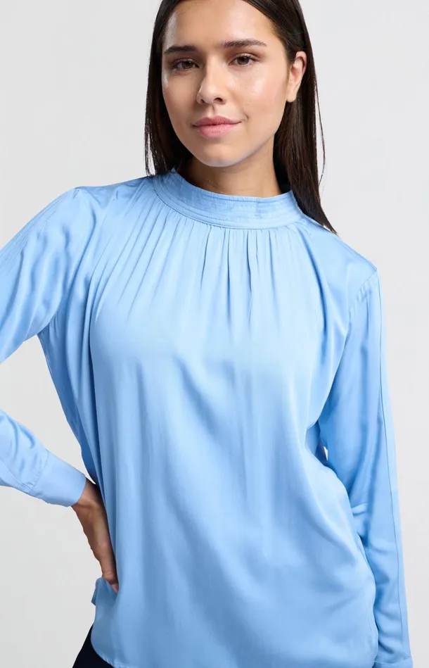 Satin Blouse With Long Sleeves Pleat Detail And High Neck Bel Air Blue Women YAYA Blouses Satin Blouse With Long Sleeves Pleat Detail And High Neck Bel Air Blue Women YAYA Blouses