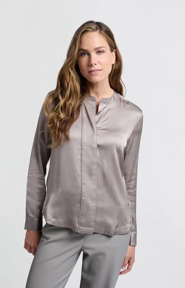 Satin Blouse With Long Sleeves Round Neck And Buttons Moon Rock Dark Sand Women YAYA Blouses Satin Blouse With Long Sleeves Round Neck And Buttons Moon Rock Dark Sand Women YAYA Blouses