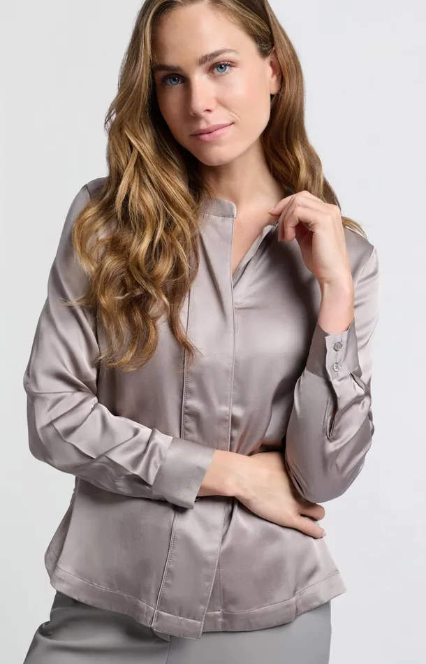 Satin Blouse With Long Sleeves Round Neck And Buttons Moon Rock Dark Sand Women YAYA Blouses Satin Blouse With Long Sleeves Round Neck And Buttons Moon Rock Dark Sand Women YAYA Blouses