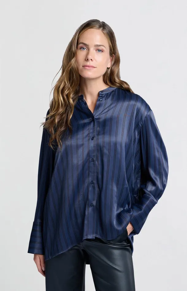 Satin Blouse With Stripes And High Round Collar Outer Space Blue Dessin Women YAYA Blouses Satin Blouse With Stripes And High Round Collar Outer Space Blue Dessin Women YAYA Blouses