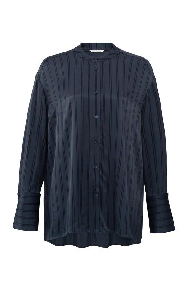 Satin Blouse With Stripes And High Round Collar Outer Space Blue Dessin Women YAYA Blouses Satin Blouse With Stripes And High Round Collar Outer Space Blue Dessin Women YAYA Blouses
