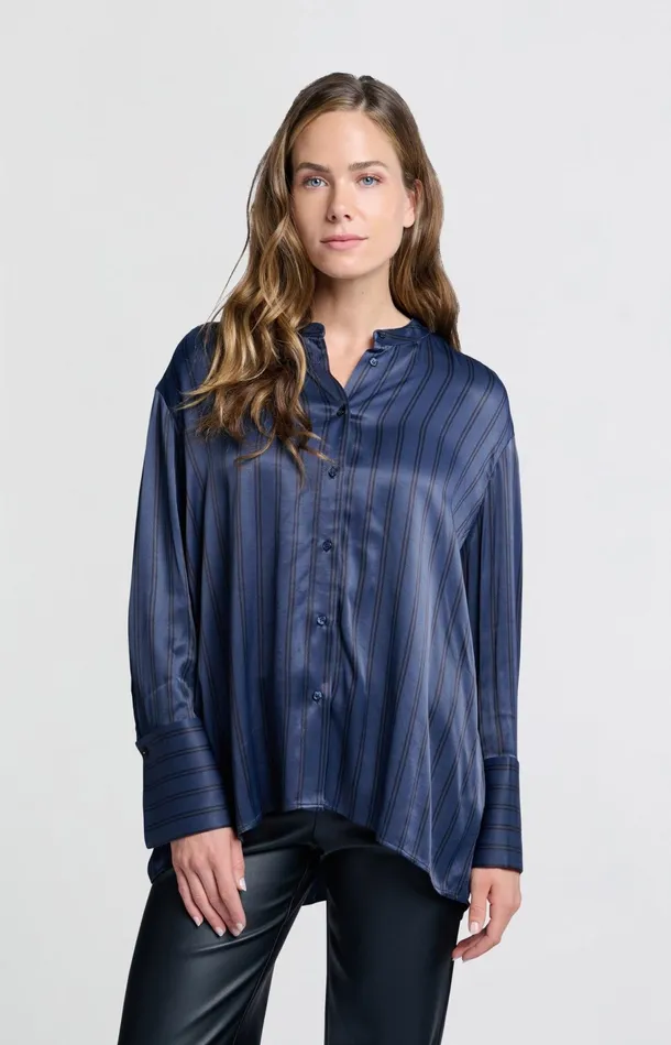 Satin Blouse With Stripes And High Round Collar Outer Space Blue Dessin Women YAYA Blouses Satin Blouse With Stripes And High Round Collar Outer Space Blue Dessin Women YAYA Blouses
