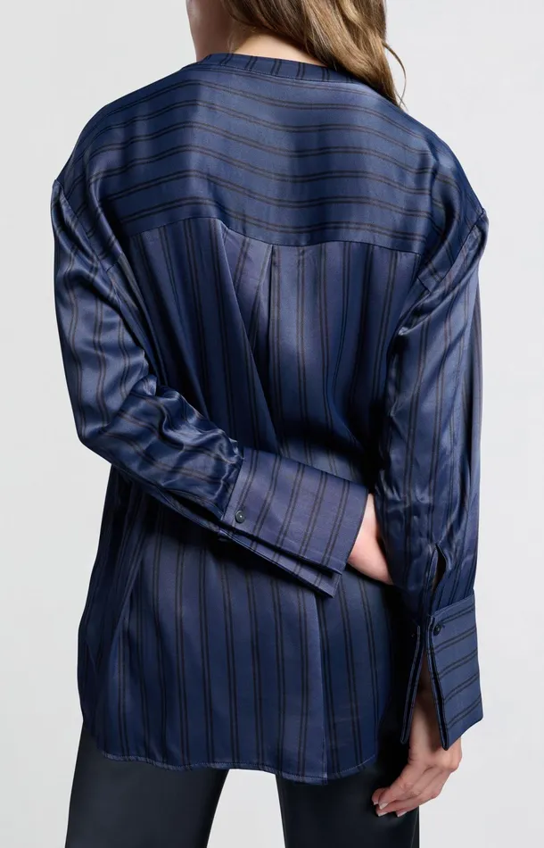 Satin Blouse With Stripes And High Round Collar Outer Space Blue Dessin Women YAYA Blouses Satin Blouse With Stripes And High Round Collar Outer Space Blue Dessin Women YAYA Blouses