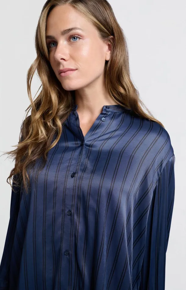 Satin Blouse With Stripes And High Round Collar Outer Space Blue Dessin Women YAYA Blouses Satin Blouse With Stripes And High Round Collar Outer Space Blue Dessin Women YAYA Blouses