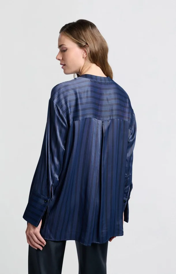 Satin Blouse With Stripes And High Round Collar Outer Space Blue Dessin Women YAYA Blouses Satin Blouse With Stripes And High Round Collar Outer Space Blue Dessin Women YAYA Blouses