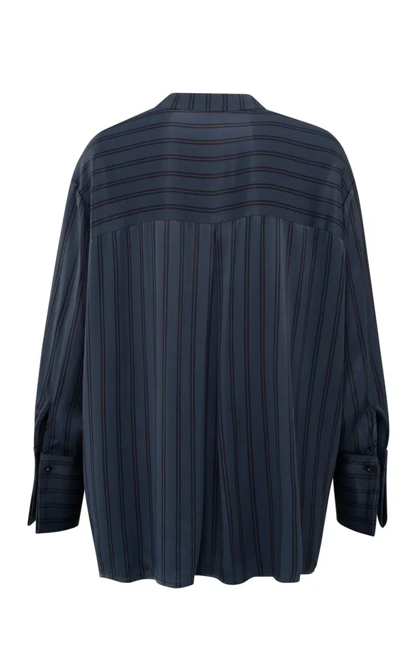 Satin Blouse With Stripes And High Round Collar Outer Space Blue Dessin Women YAYA Blouses Satin Blouse With Stripes And High Round Collar Outer Space Blue Dessin Women YAYA Blouses