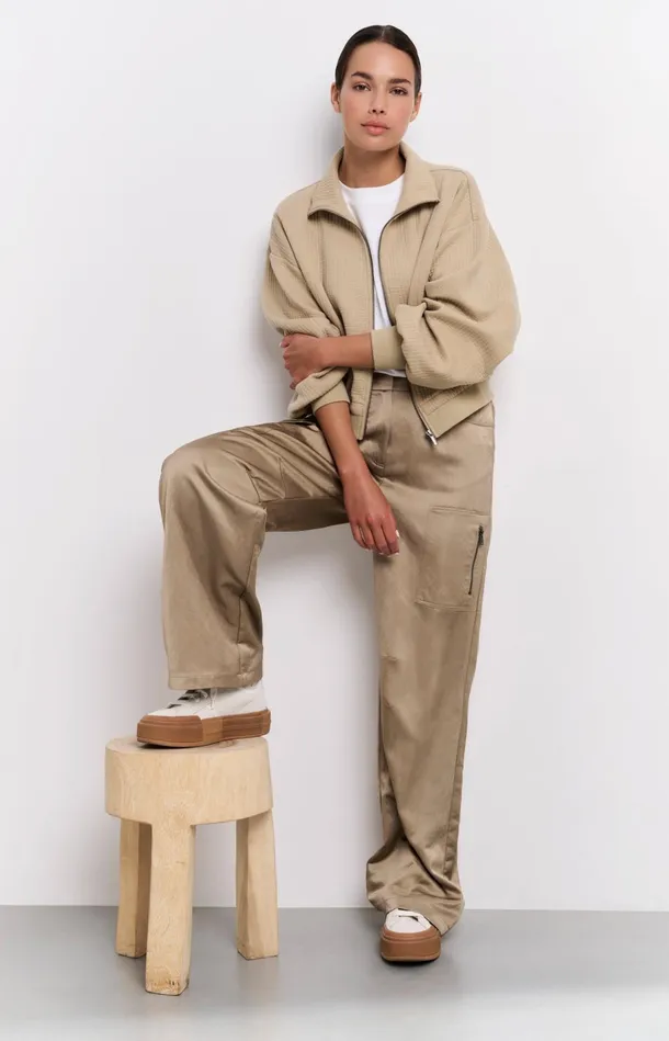 Satin Cargo Trousers With Wide Legs And Pocket Details Safari Women YAYA Trousers Satin Cargo Trousers With Wide Legs And Pocket Details Safari Women YAYA Trousers