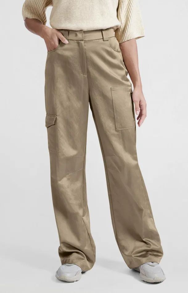 Satin Cargo Trousers With Wide Legs And Pocket Details Safari Women YAYA Trousers Satin Cargo Trousers With Wide Legs And Pocket Details Safari Women YAYA Trousers