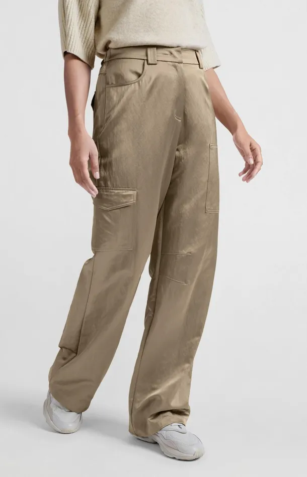 Satin Cargo Trousers With Wide Legs And Pocket Details Safari Women YAYA Trousers Satin Cargo Trousers With Wide Legs And Pocket Details Safari Women YAYA Trousers