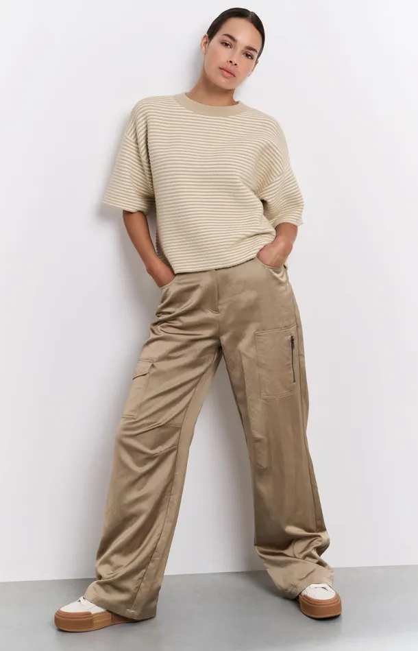 Satin Cargo Trousers With Wide Legs And Pocket Details Safari Women YAYA Trousers Satin Cargo Trousers With Wide Legs And Pocket Details Safari Women YAYA Trousers